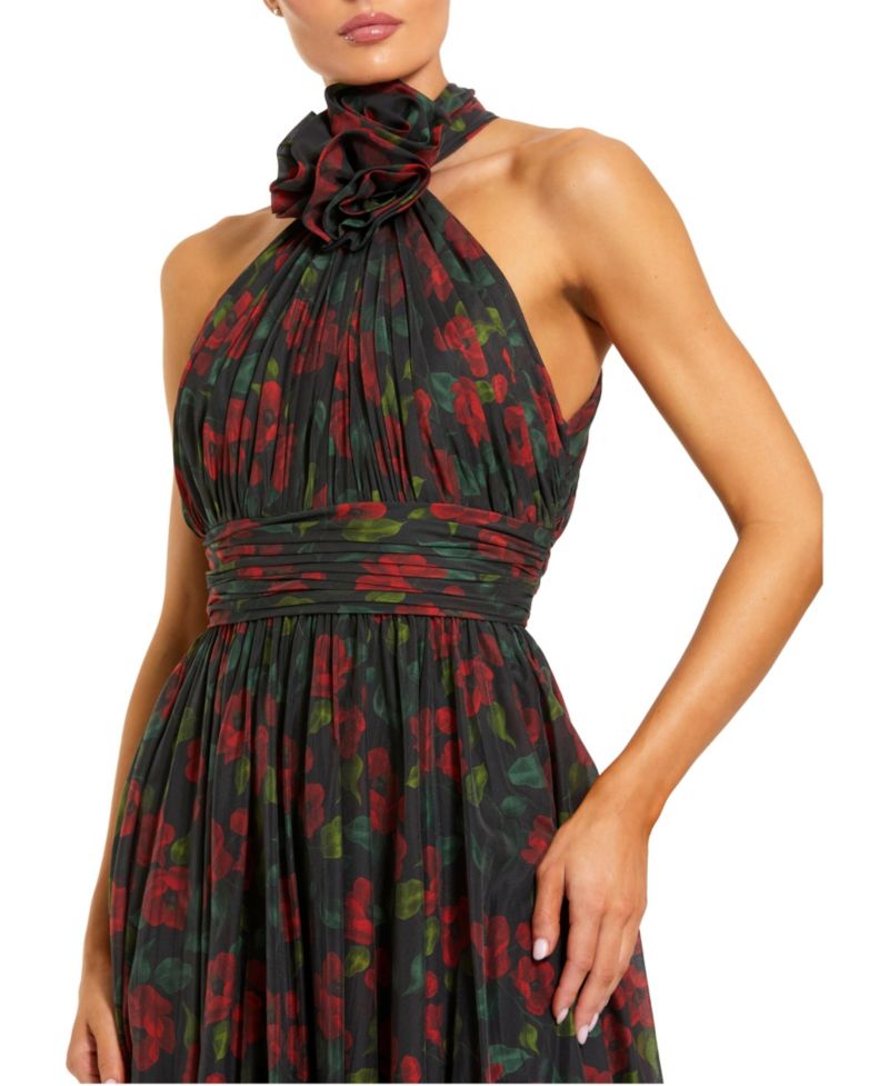 Women's Floral Chiffon 3D Flower Halter Neck Gown