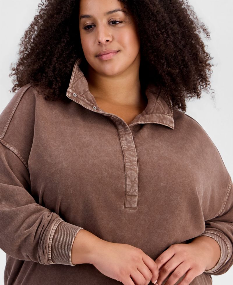 Petite Snap Henley Fleece French Terry Mock Neck Sweatshirt
