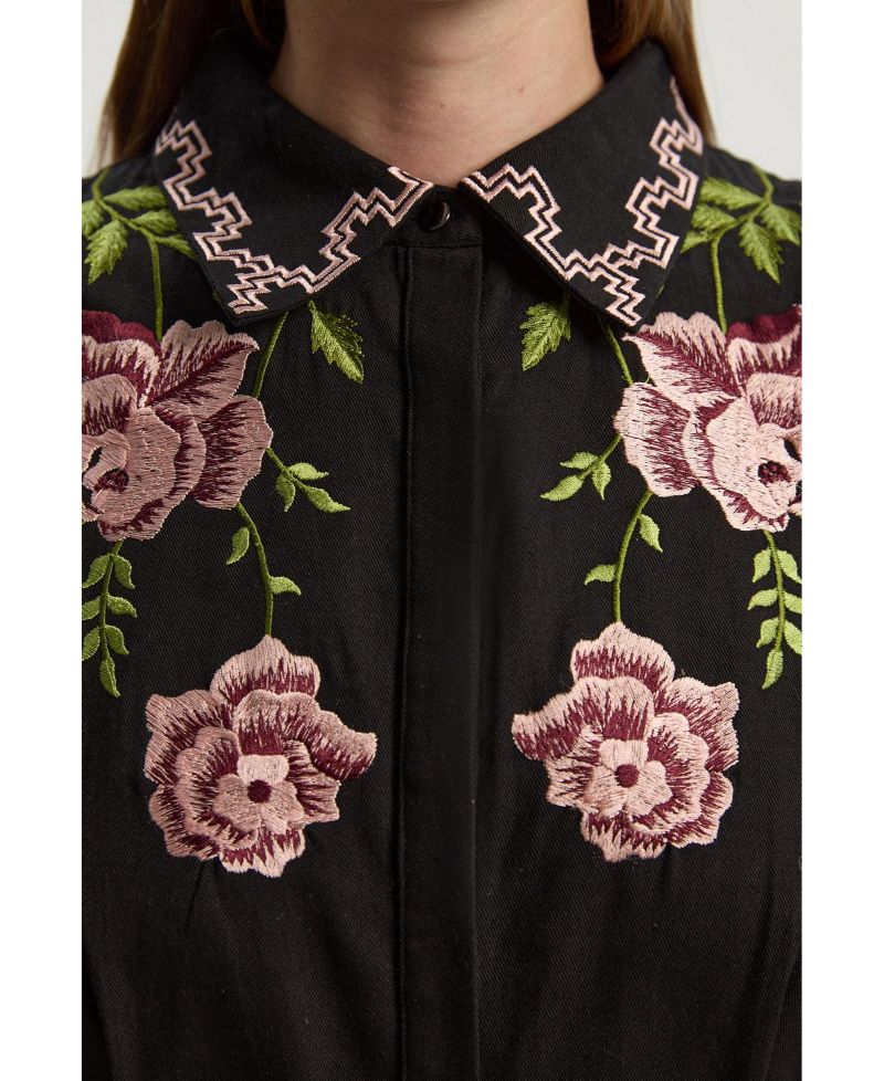 Women's Rose Embroidered Cotton Shirt Dress