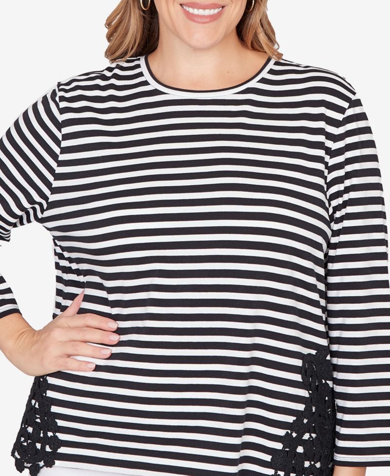 Plus Size Crew Neck Stripe Cotton Lace Applique Top