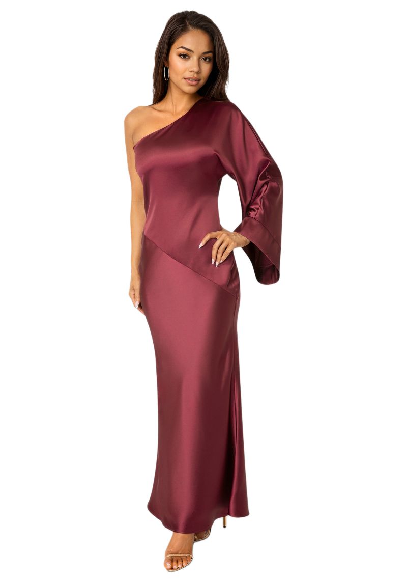 Womens One Shoulder Bell Sleeve Satin Dress