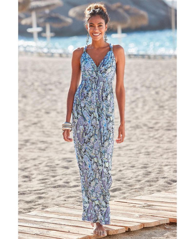 Women's Viscose Paisley Print Smocked V-Neck Smocked-Waist Maxi Dress