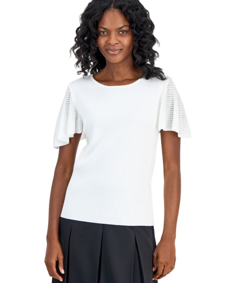 Petite Crewneck Flutter-Sleeve Rib-Knit Sweater