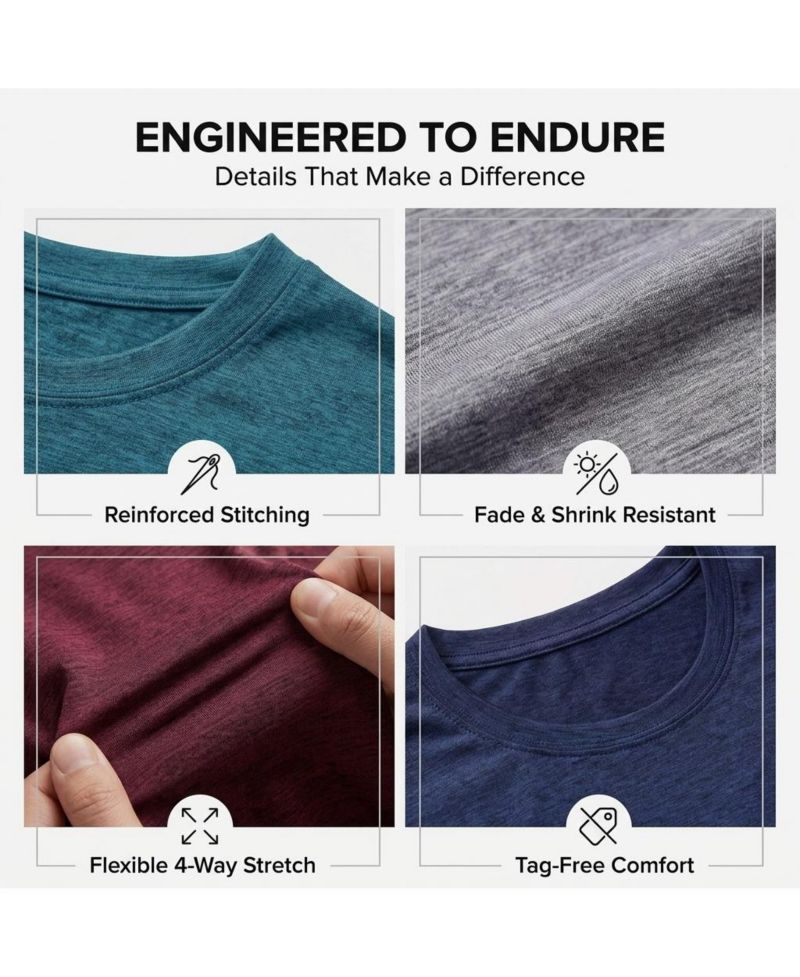 Men's 4-Way Stretch Workout Crew Neck T-Shirts, 5-Piece Set