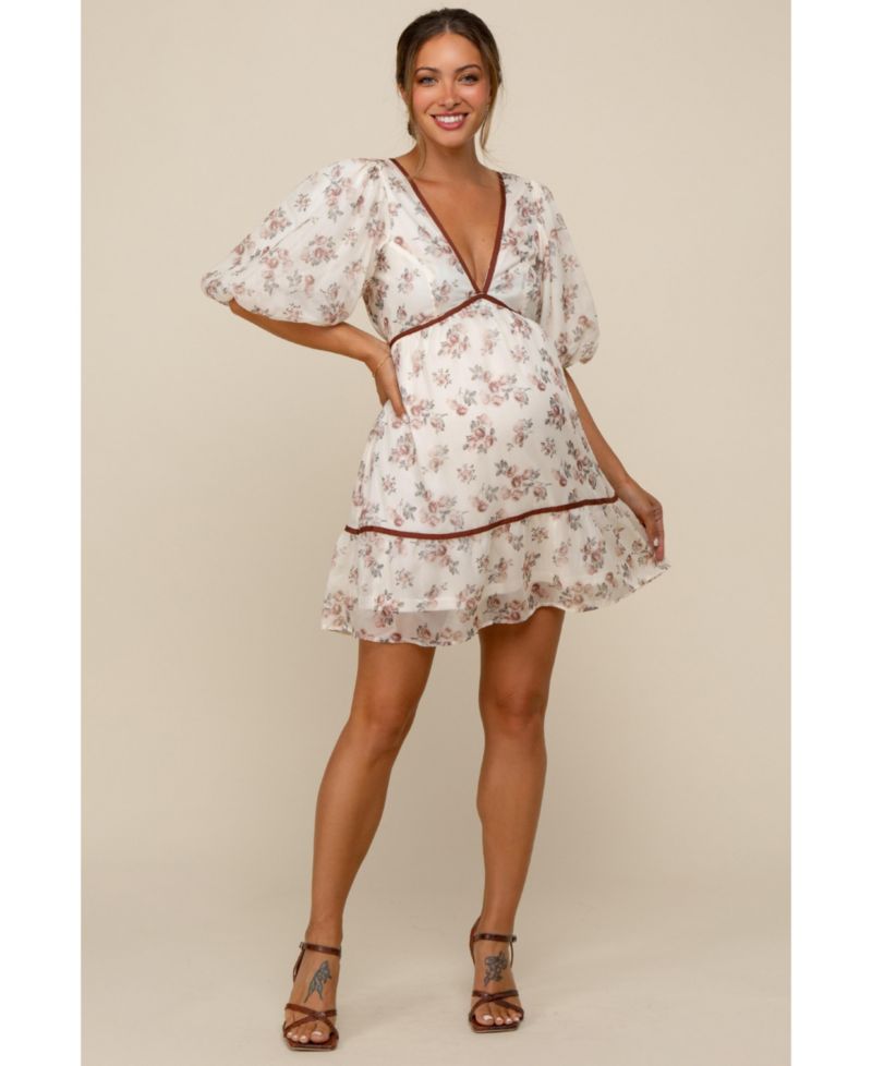 Women's Cream Floral Deep V-Neck Back Cutout Dress