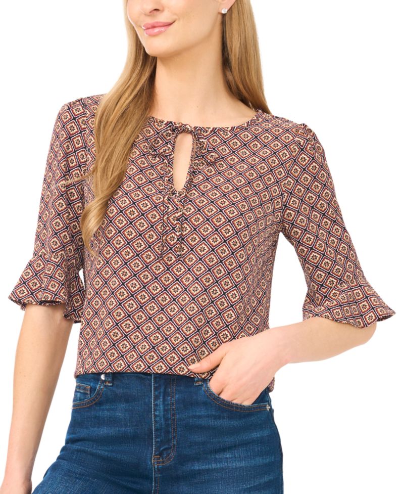 Women's Split Tie Neck 3/4-Sleeve Ruffle Cuff Blouse