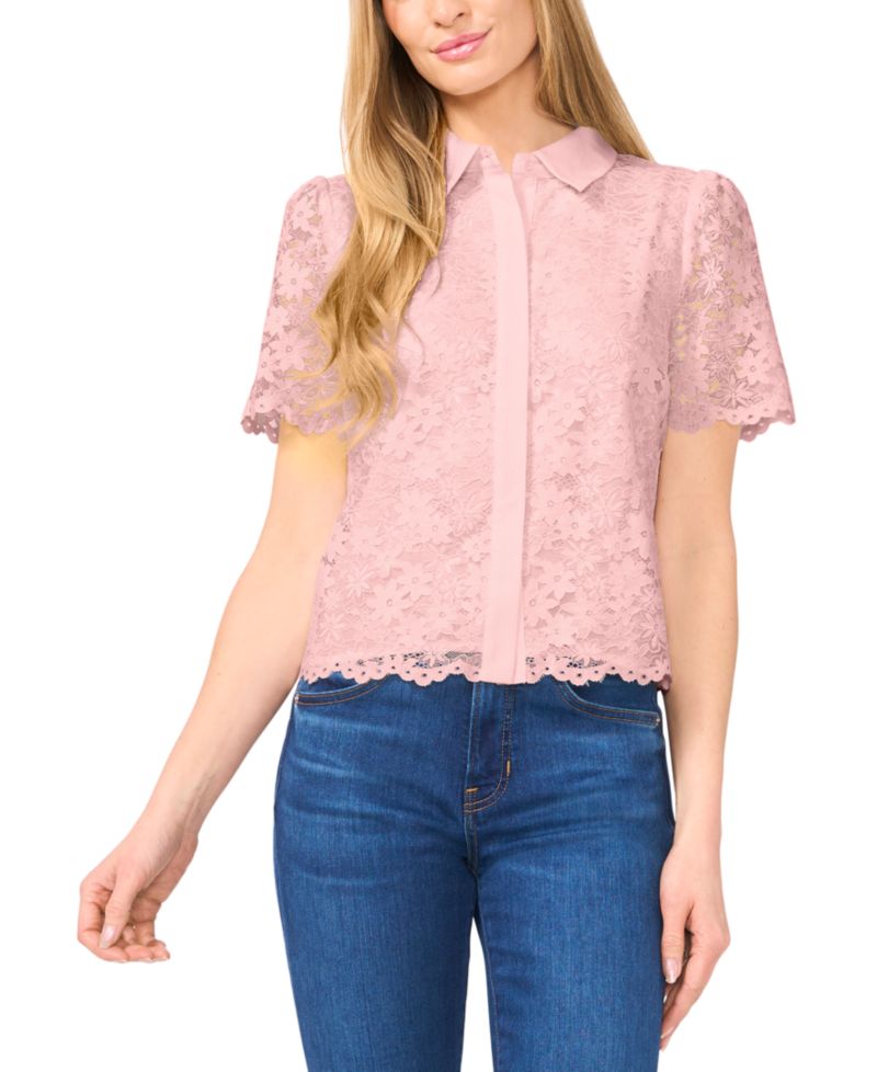Women's Floral Lace Hidden Placket Blouse