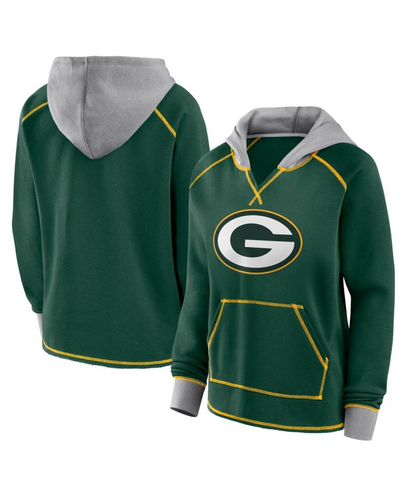 Women's Green Green Bay Packers Boom Fleece Pullover V-Neck Hoodie