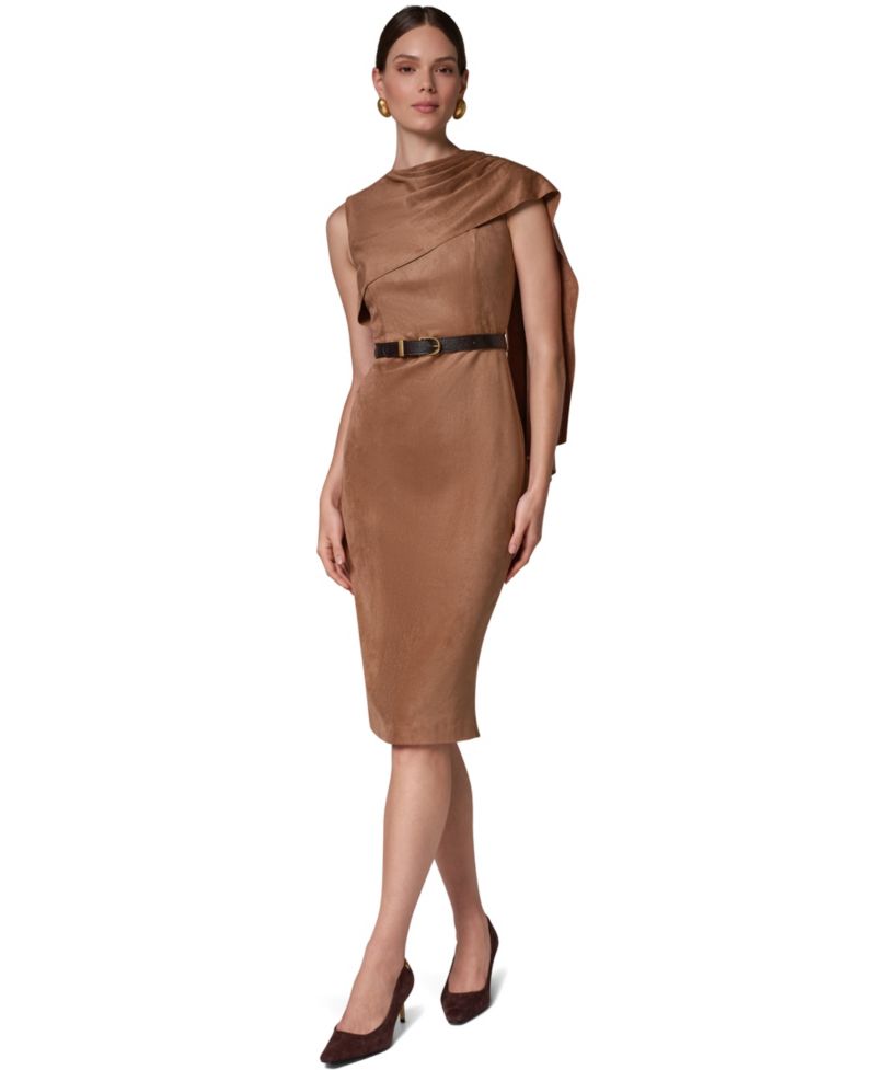 Women's Suede Draped Shoulder Panel Belted Midi Dress