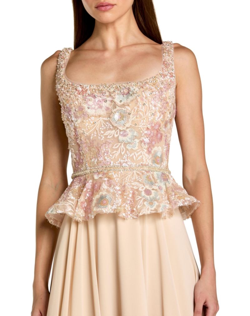 Petite Embroidered Peplum Top With Chiffon Skirt Gown