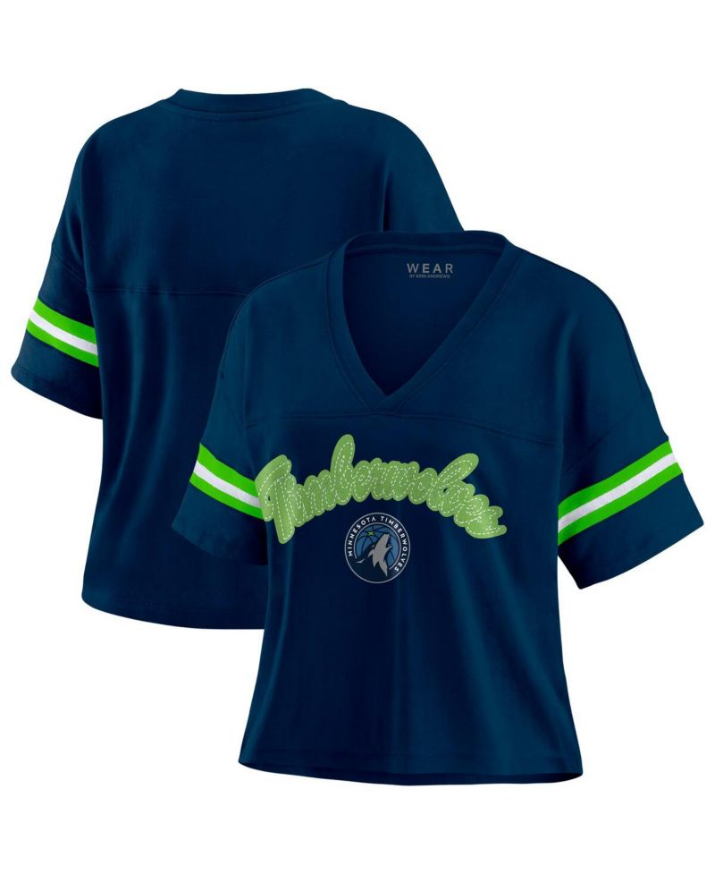 Women's Navy Minnesota Timberwolves Plus Size Color Block Boxy V-Neck T-Shirt