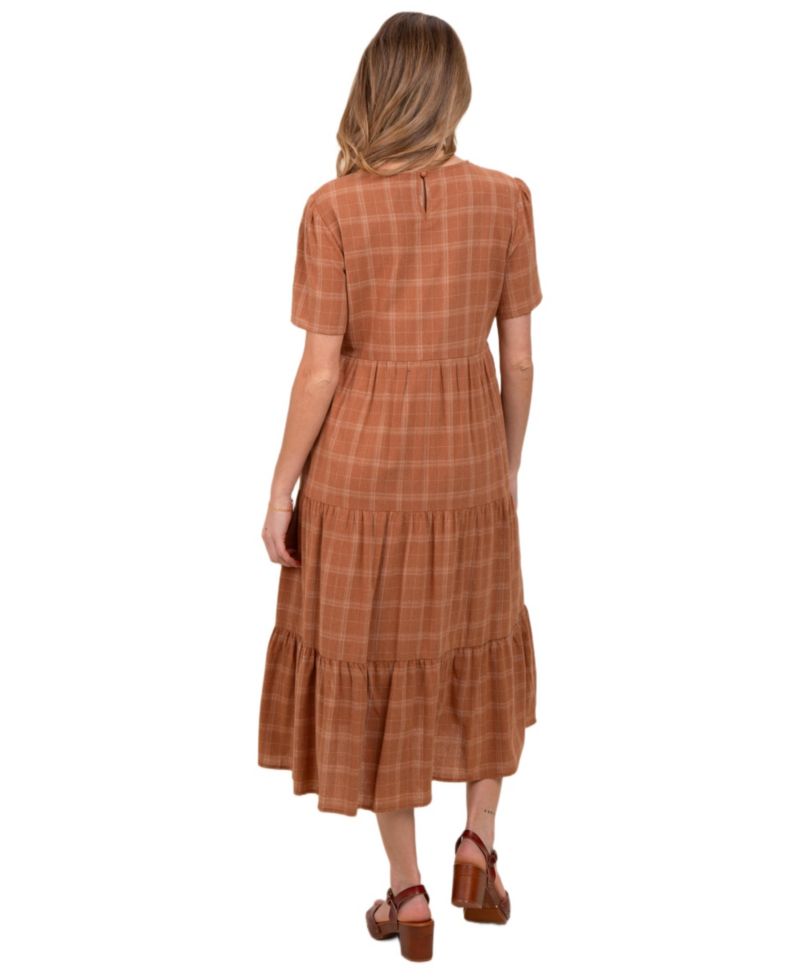 Women's Rust Plaid Tiered Short Sleeve Dress