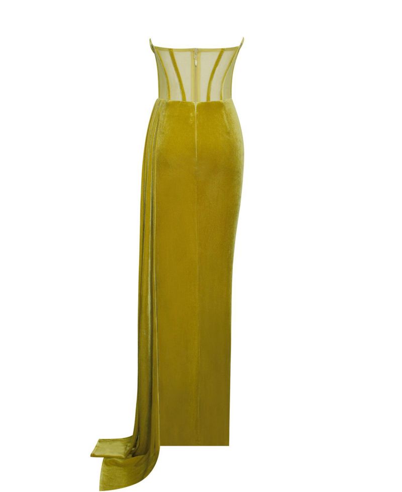 Women's Priya Gold Draping Corset High Slit Velvet Gown