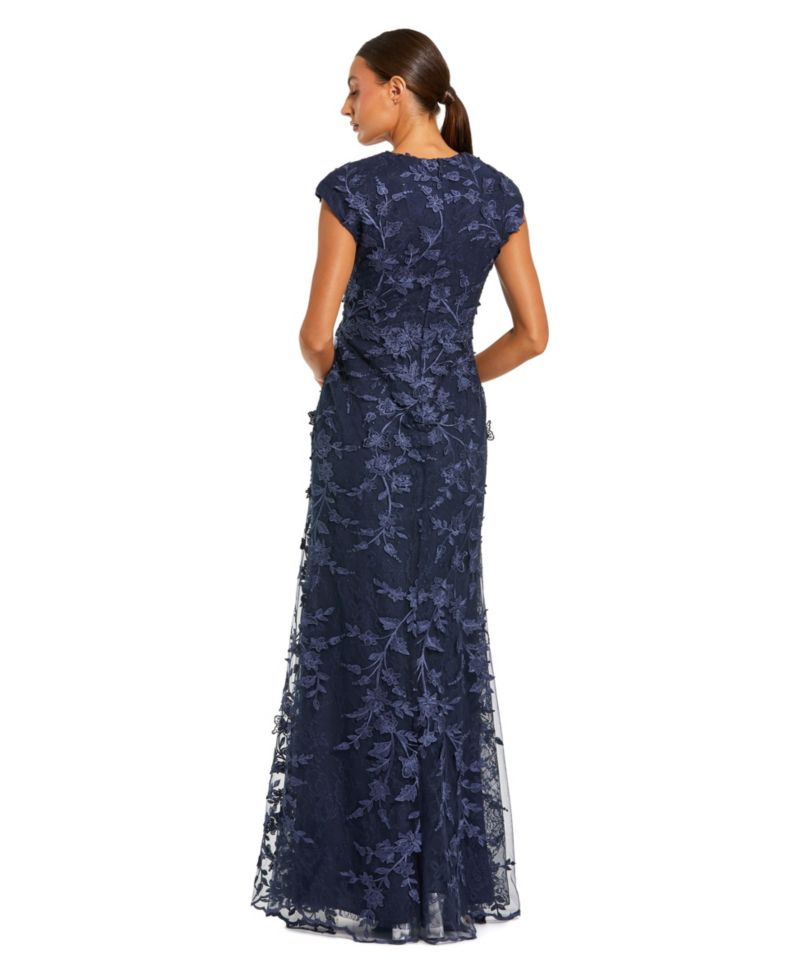 Women's Faux Wrap Embroidered Cap Sleeve Gown