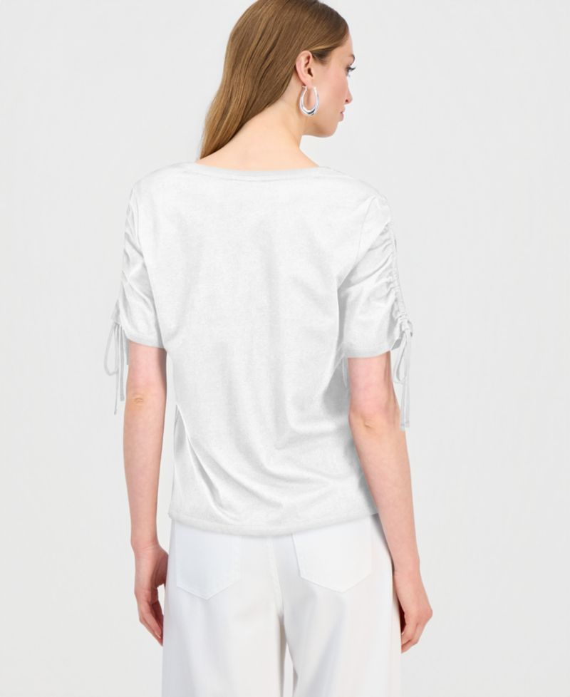 Women's Ruched-Sleeve V-Neck Cotton T-Shirt