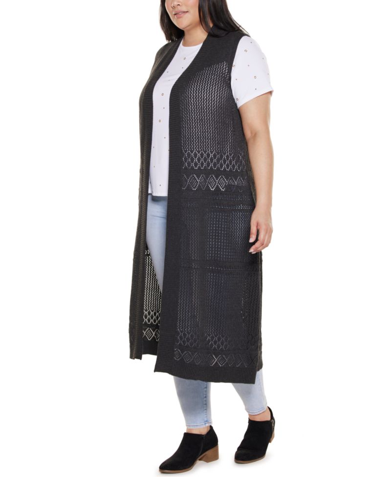 Plus Size Pointelle Sleeveless Duster Cardigan