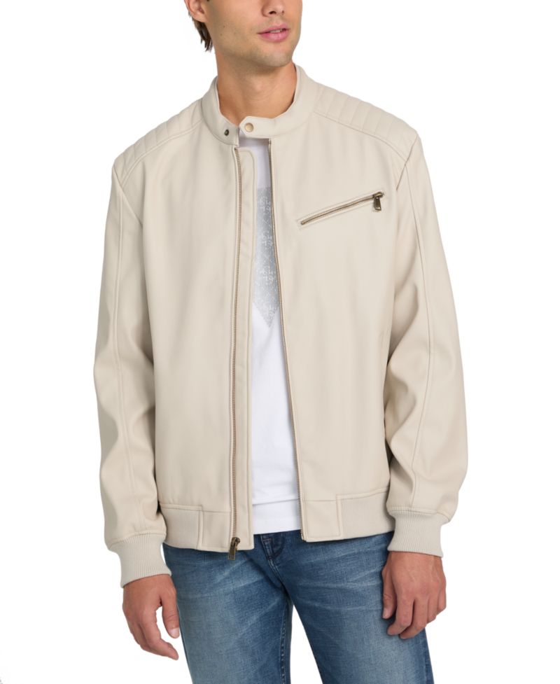 Men's Stretch Faux Leather Snap Collar Moto Jacket