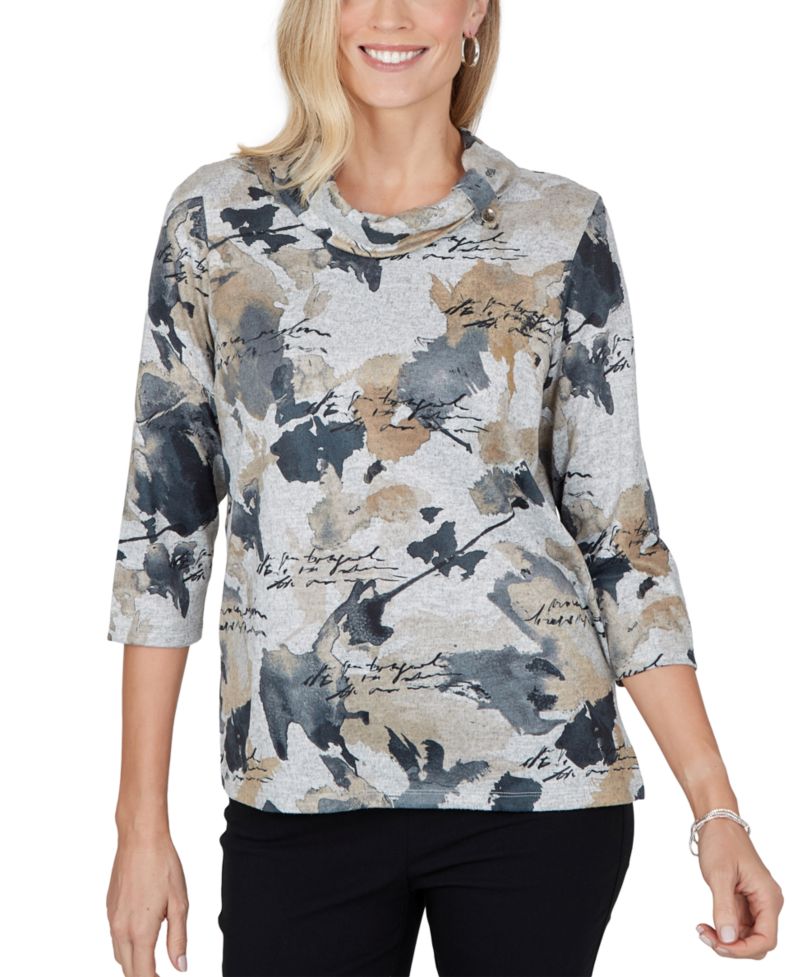 Petite Cowl Neck 3/4-Sleeve Print Blouse
