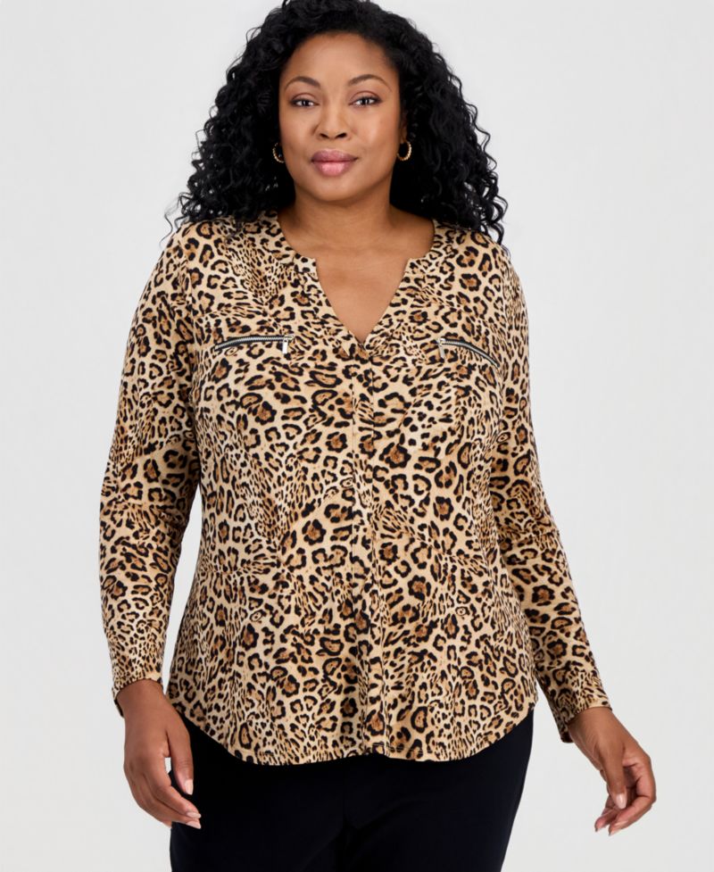 Petite Long-Sleeve V-Neck Leopard-Print Blouse