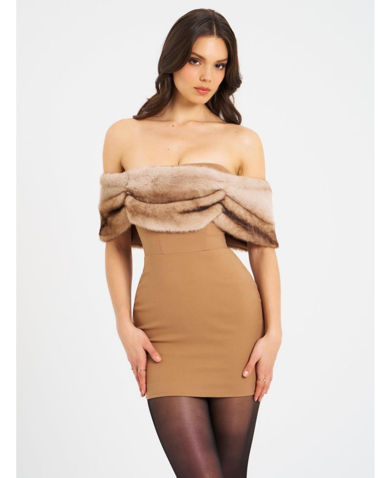 Women Nadira Off Shoulder Faux Fur Trim Mini Dress