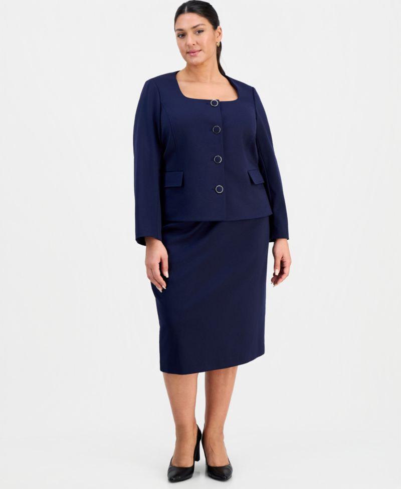 Plus Size Square-Neck Button-Front Ponte 2 Piece Skirt Suit
