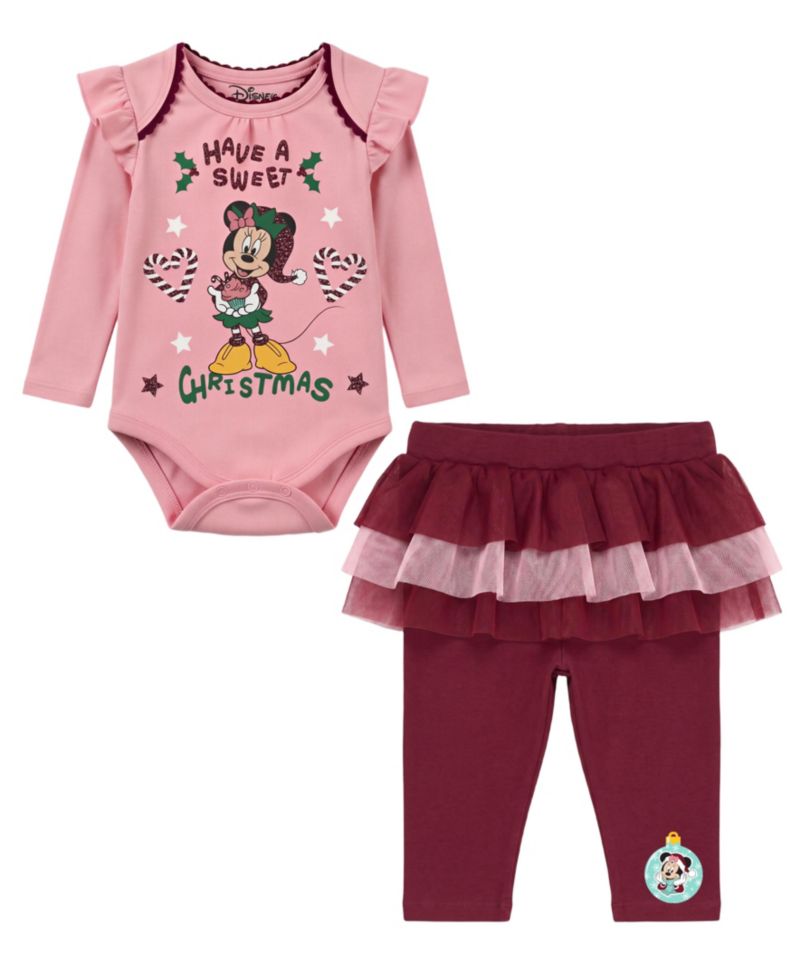 Baby Girls' Minnie Christmas Long-Sleeve Holiday Bodysuit and Pants, 2-Piece Set