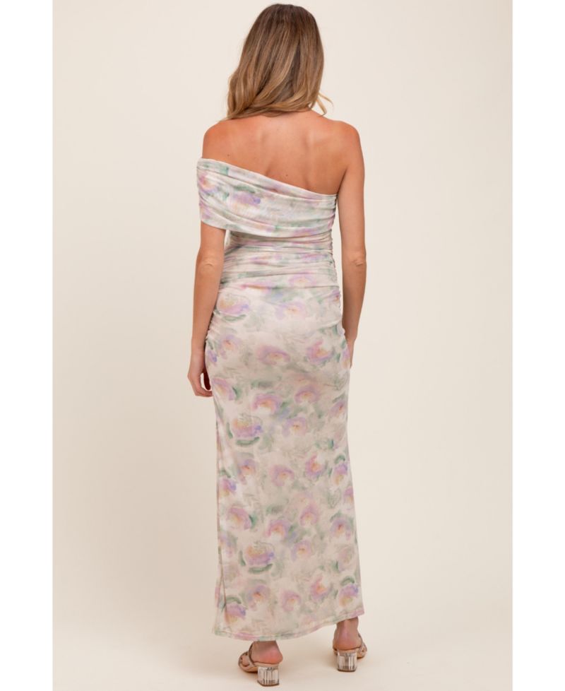 Women's Light Pink Floral One Shoulder Ruched Maxi Dress