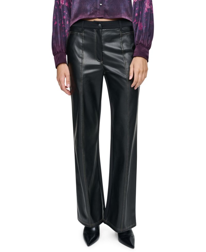 Women's Wide-Leg Faux-Leather Mixed-Fabric Pants