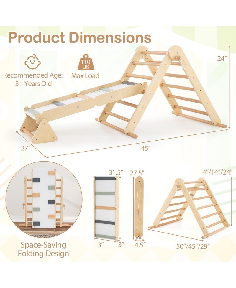 3-in-1 Pikler Triangle Climbing Set Kids Montessori Climbing Toys Wooden Climber