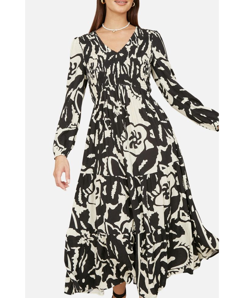 Women's Abstract Print Ruched V-Neck Midi Dress