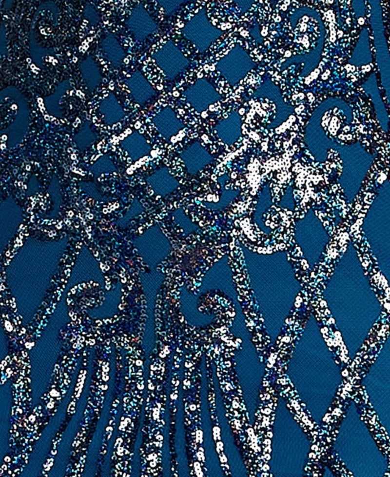 Juniors' V-Neck Pattern Sequin Spaghetti Strap Bodycon Mini Dress