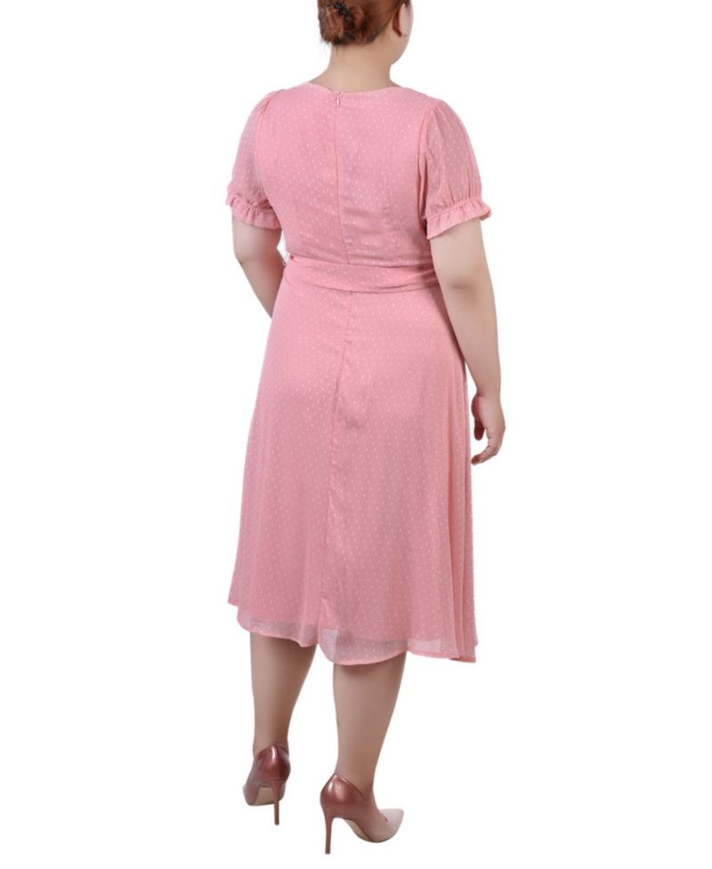Petite Short Sleeve Belted Swiss Dot Dress