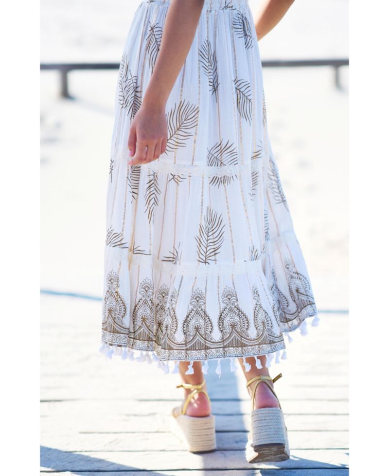 Women's Foil Print Lace Trim Midi Sun Dress