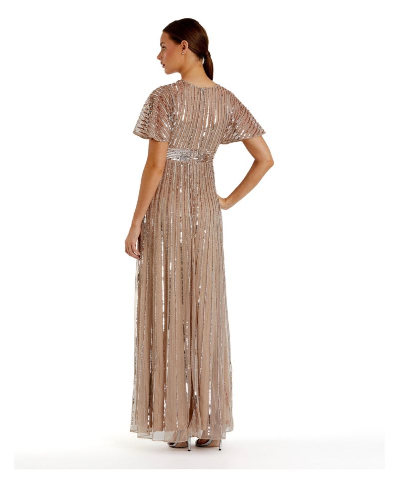 Women's Embellished Mesh V Neck Short Sleeve Gown