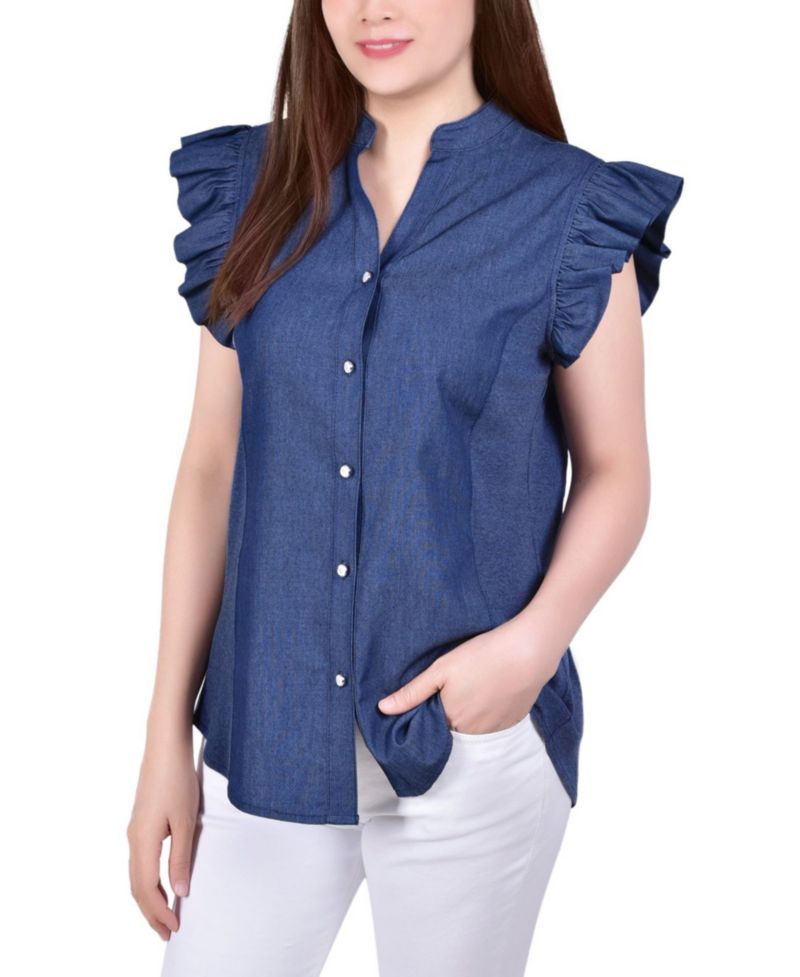 Petite Flutter Sleeve Chambray Top