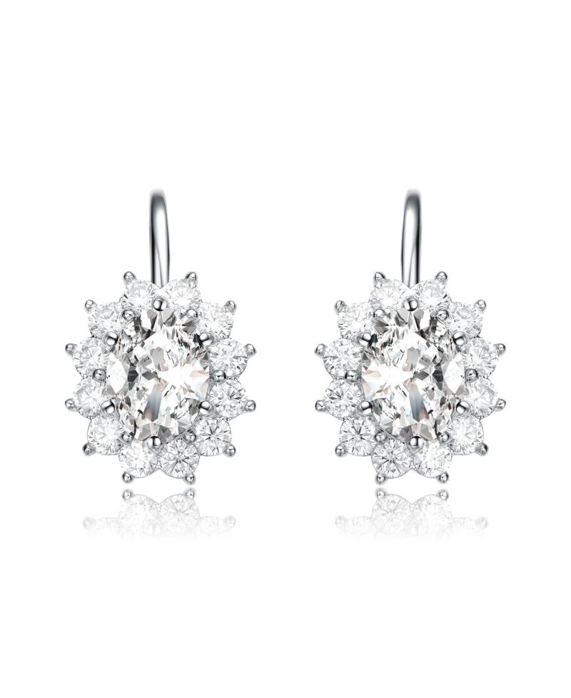 White Gold Plated with Cubic Zirconia Hibiscus Flower Cluster Drop Earrings with Leverback