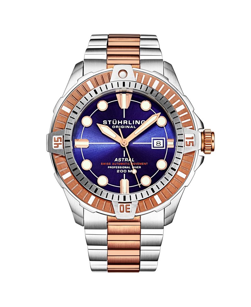 Men s Astral Diver 44mm Swiss Automatic Watch, Blue Dial, Two-Tone Rose Stainless Steel Bracelet, 200M Water Resistant
