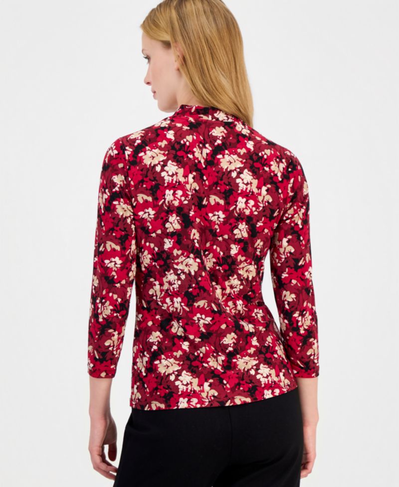 Petite Faux-Wrap Floral-Print 3/4-Sleeve Blouse