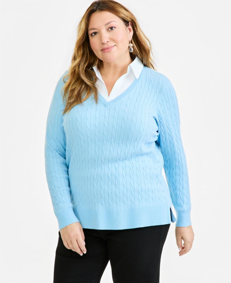 Plus Size Two-Fer Cable-Knit Collared Sweater, Macy's Exclusive