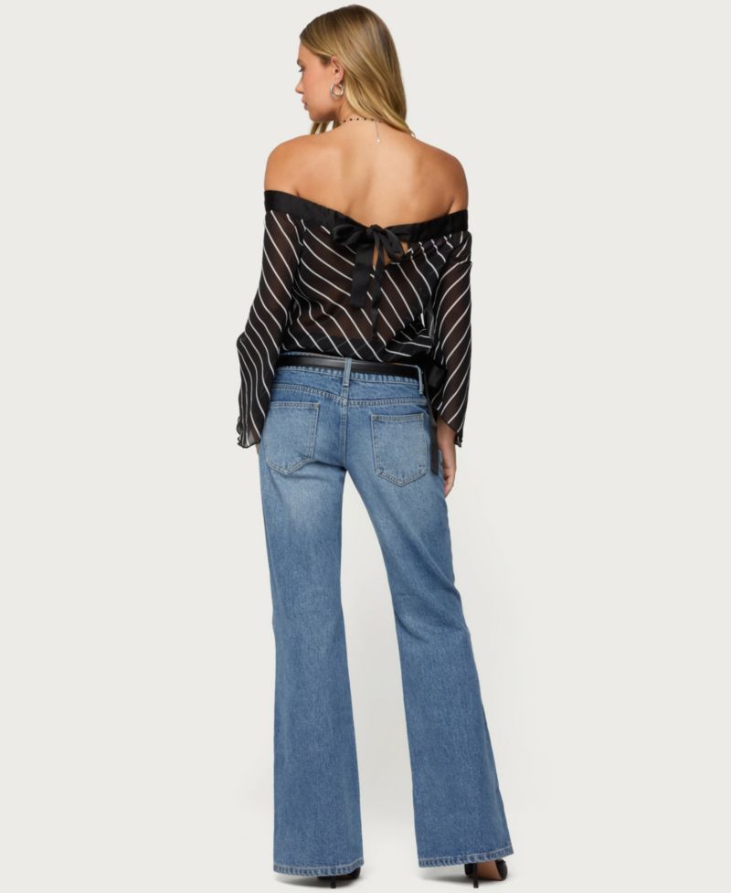Women's Diagonal Striped Off Shoulder Chiffon Top
