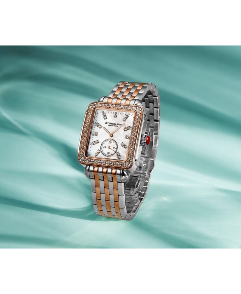 Women s 4090 34mm Crystal-Accented Rectangular Stainless Steel Bracelet Watch with Mother-of-Pearl Dial