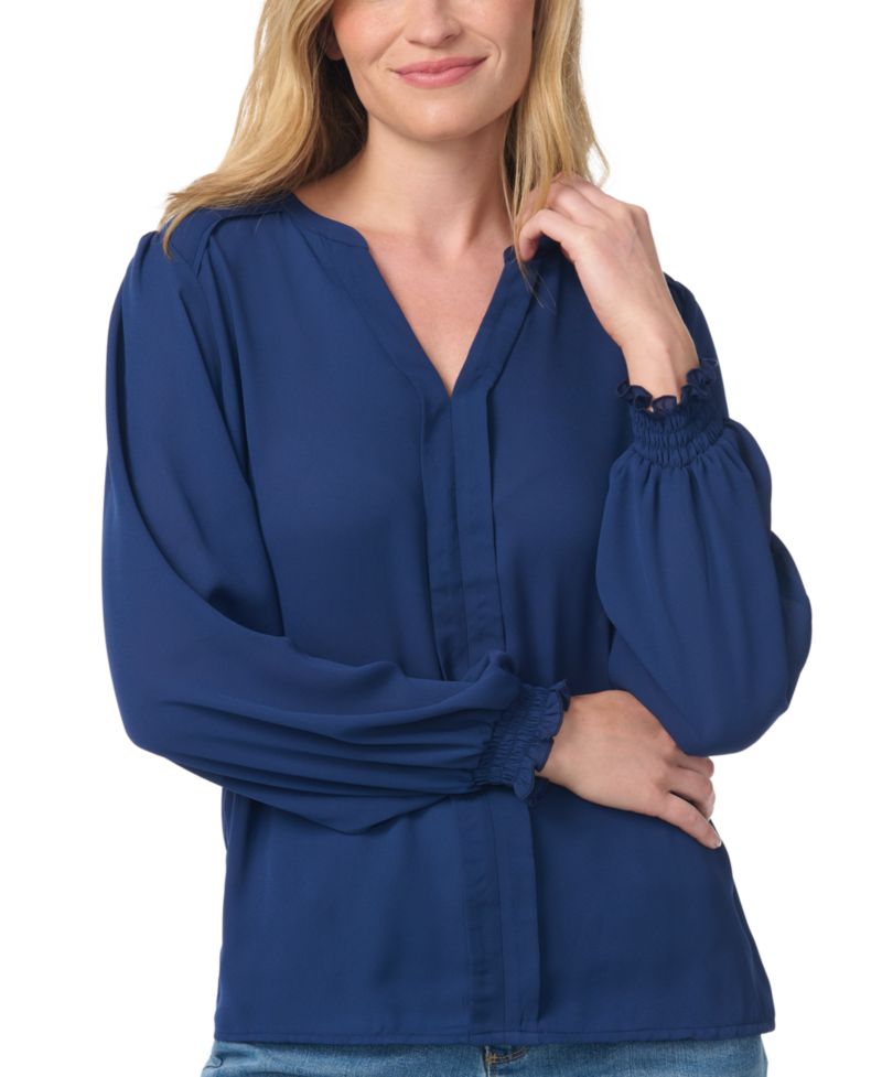 Women's Long-Bishop-Sleeve V-Neck Blouse