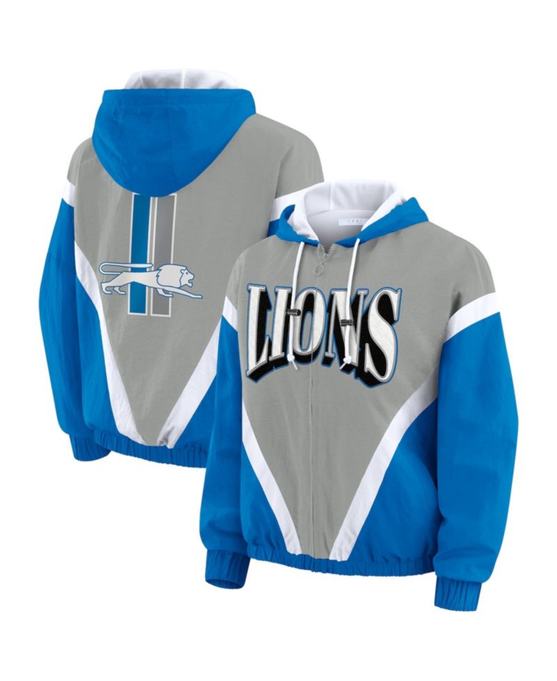 Women's Blue/Gray Detroit Lions Plus Size Retro Crinkle Full-Zip Hoodie Windbreaker Jacket