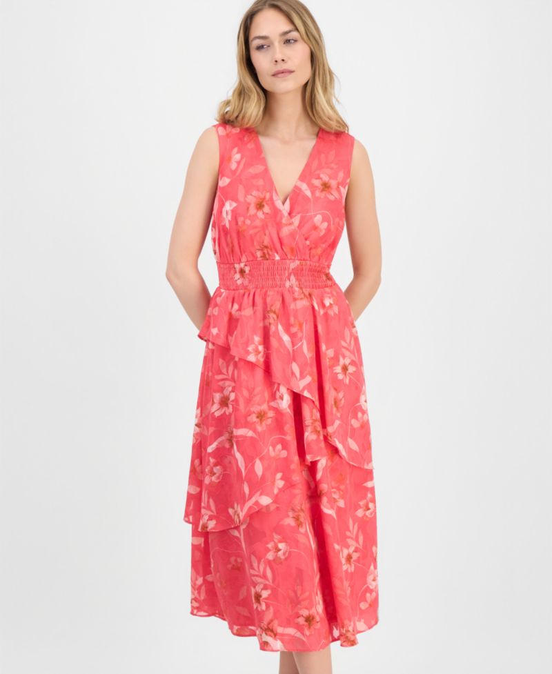 Women's Asymmetric-Tiered Floral Chiffon Midi Dress