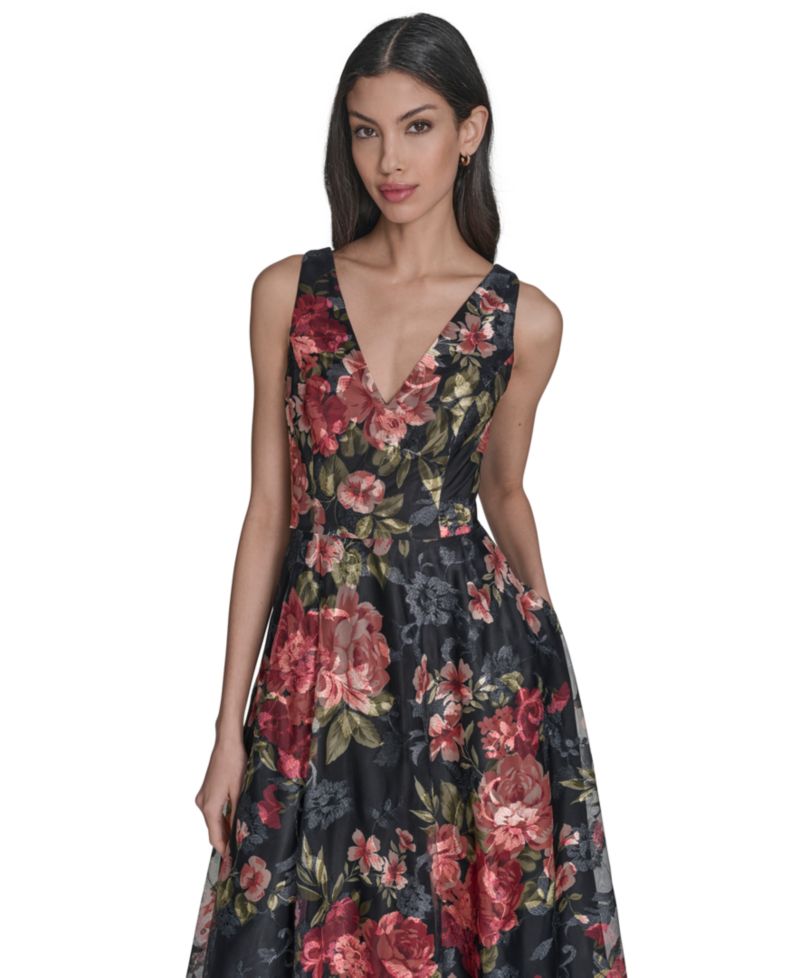 Women's Floral V-Neck Fit & Flare Midi Dress