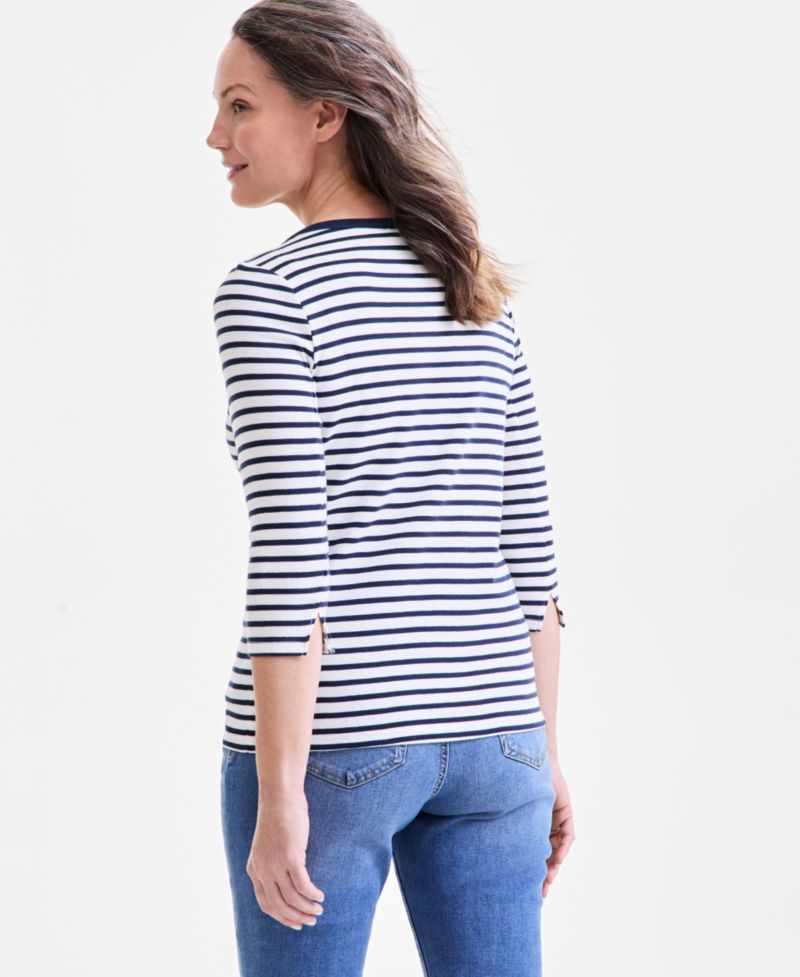 Petite Pima Cotton Striped Boat-Neck 3/4-Sleeve Top