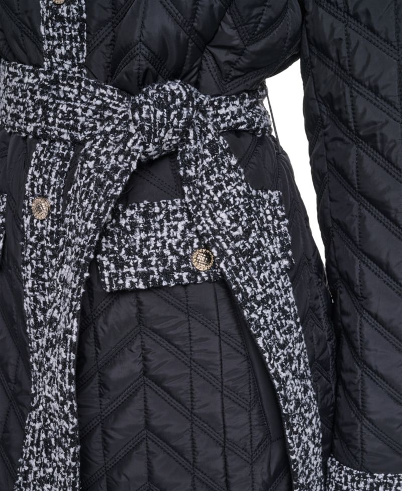 Women's Long Quilted Tweed-Trim Coat