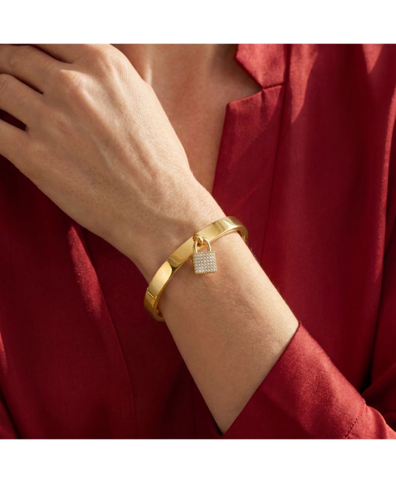 14k Yellow Gold Plated with Cubic Zirconia Padlock Charm Stacking Bangle Bracelet
