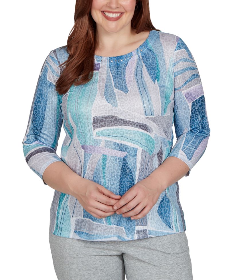 Petite 3/4-Sleeve Crewneck Abstract-Print T-Shirt