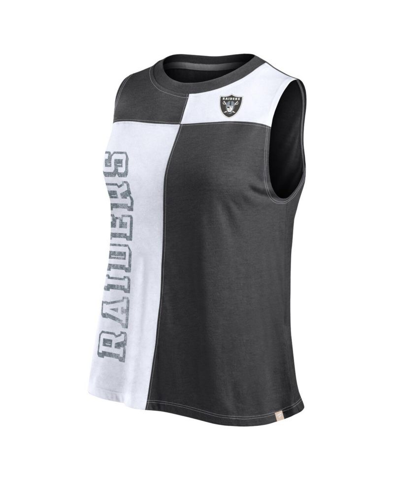Women's Black, White Distressed Las Vegas Raiders Script Color Block Tank Top